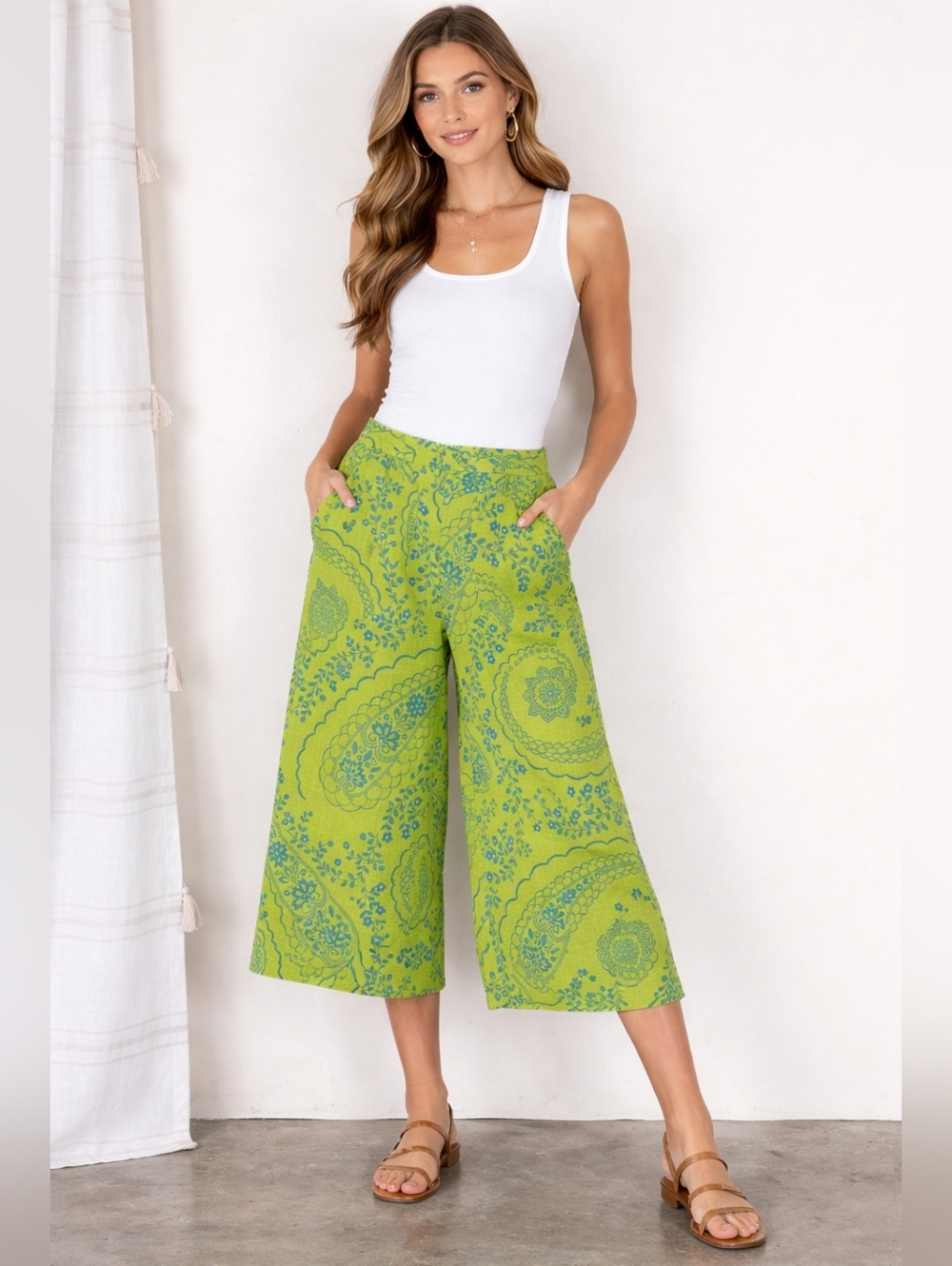 Flax Lime Green And Blue Floral Print Linen Cropped Pants
